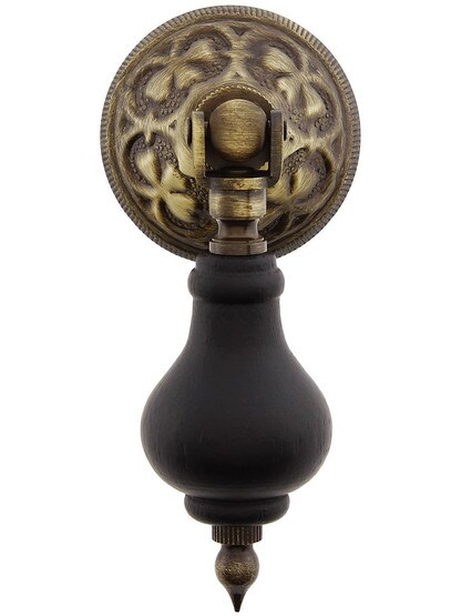 3 inch Ebonized Wood Tear Drop Pull With Eastlake Rosette in Antique Brass.